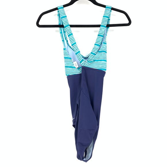 Nike Women's Size Medium One Piece Cross Racerback Swimsuit Blue Striped Top - Picture 2 of 6